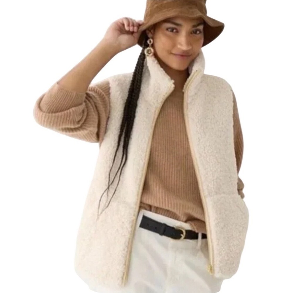 J Crew Sherpa Fleece Vest Cream Gold Zip Pockets Stand Collar Women's L